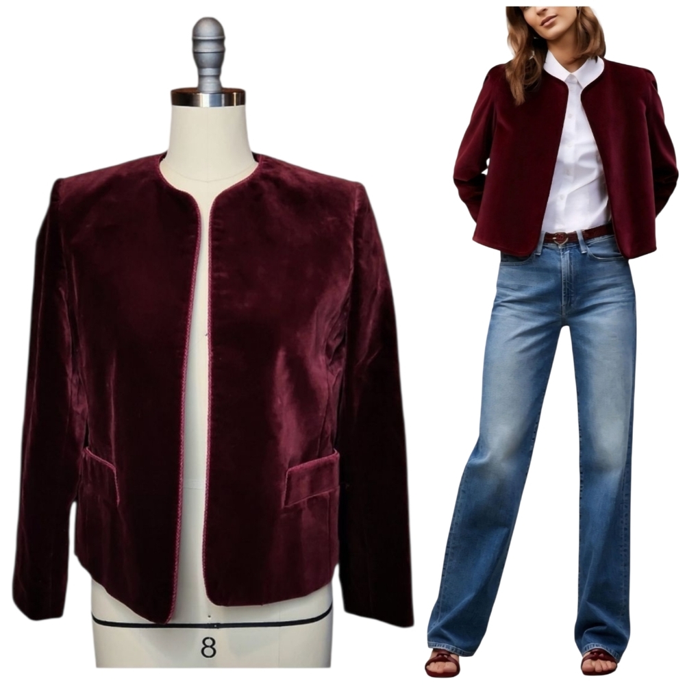 Cymbal Japan Scarlet Maroon Velvet Velour Cotton Blazer Jacket Pockets Open 8 M